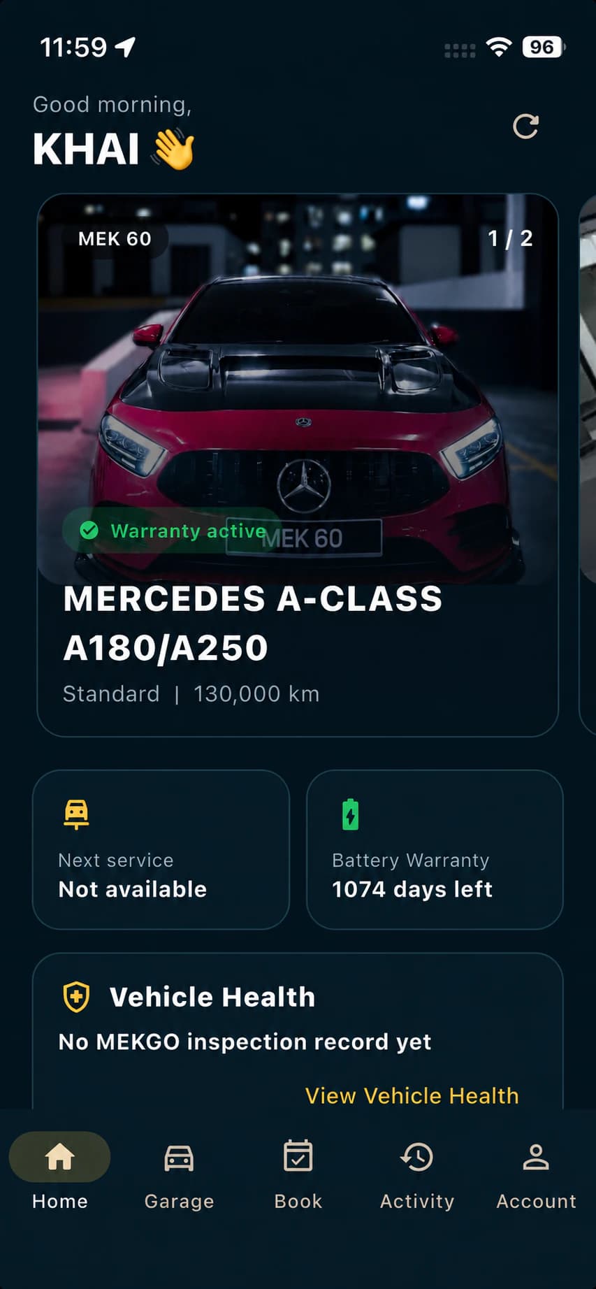 Paparan utama MEKGO Customer App dengan kenderaan pelanggan, waranti battery dan ringkasan Vehicle Health